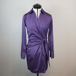 Icône par Simons Purple Wrap Shirt Dress Long Sleeve Tie Waist XS